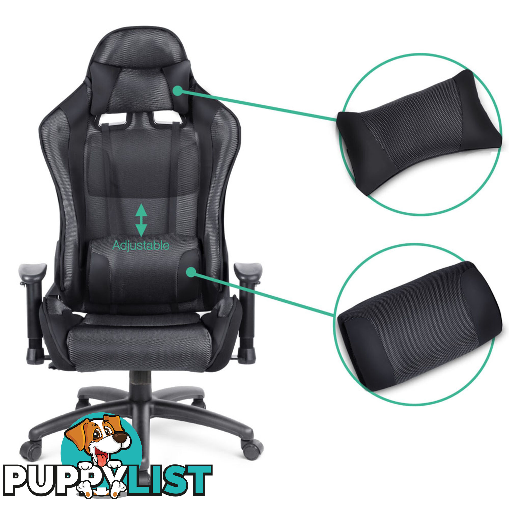 PU Leather & Mesh Reclining Office Desk Gaming Executive Chair - Black