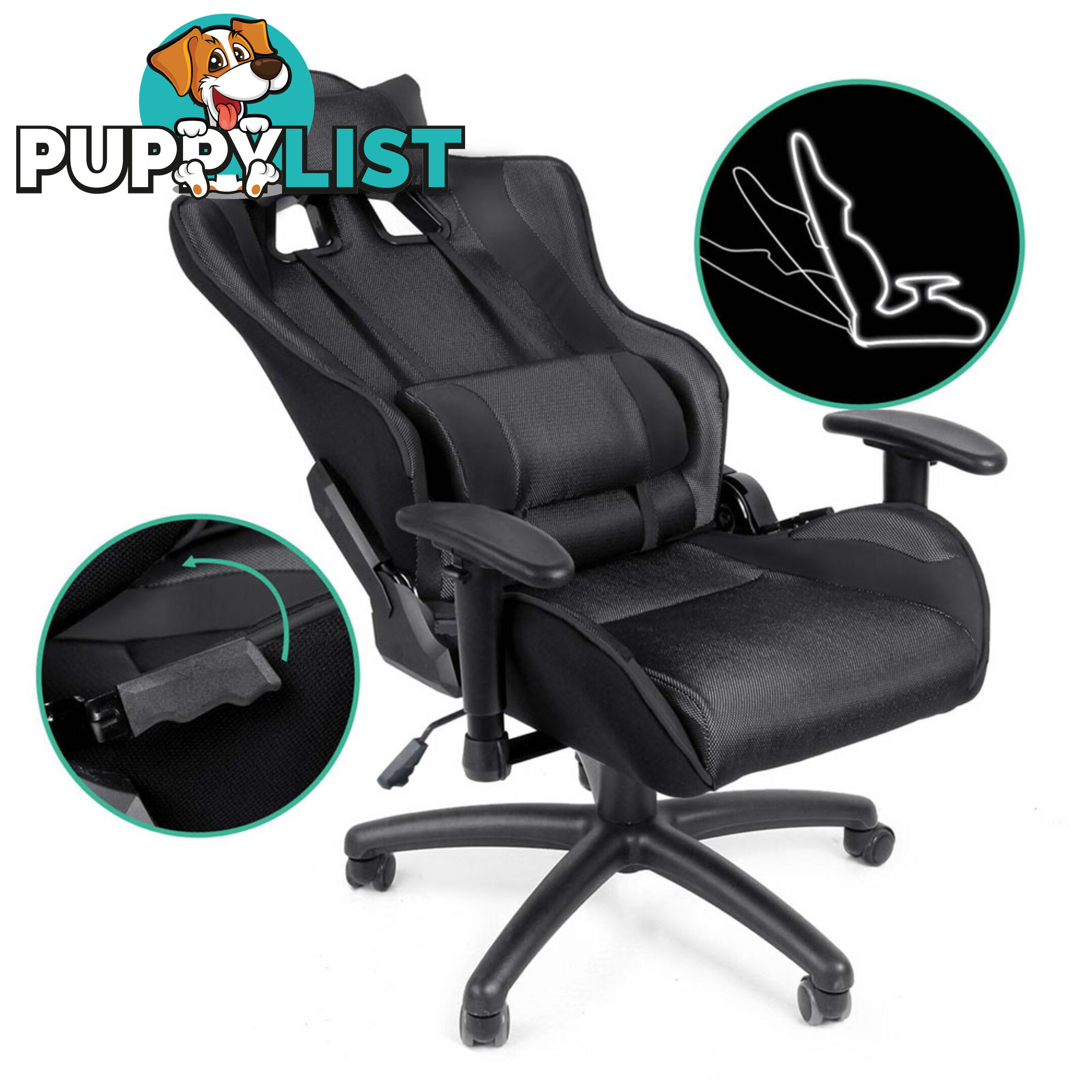 PU Leather & Mesh Reclining Office Desk Gaming Executive Chair - Black