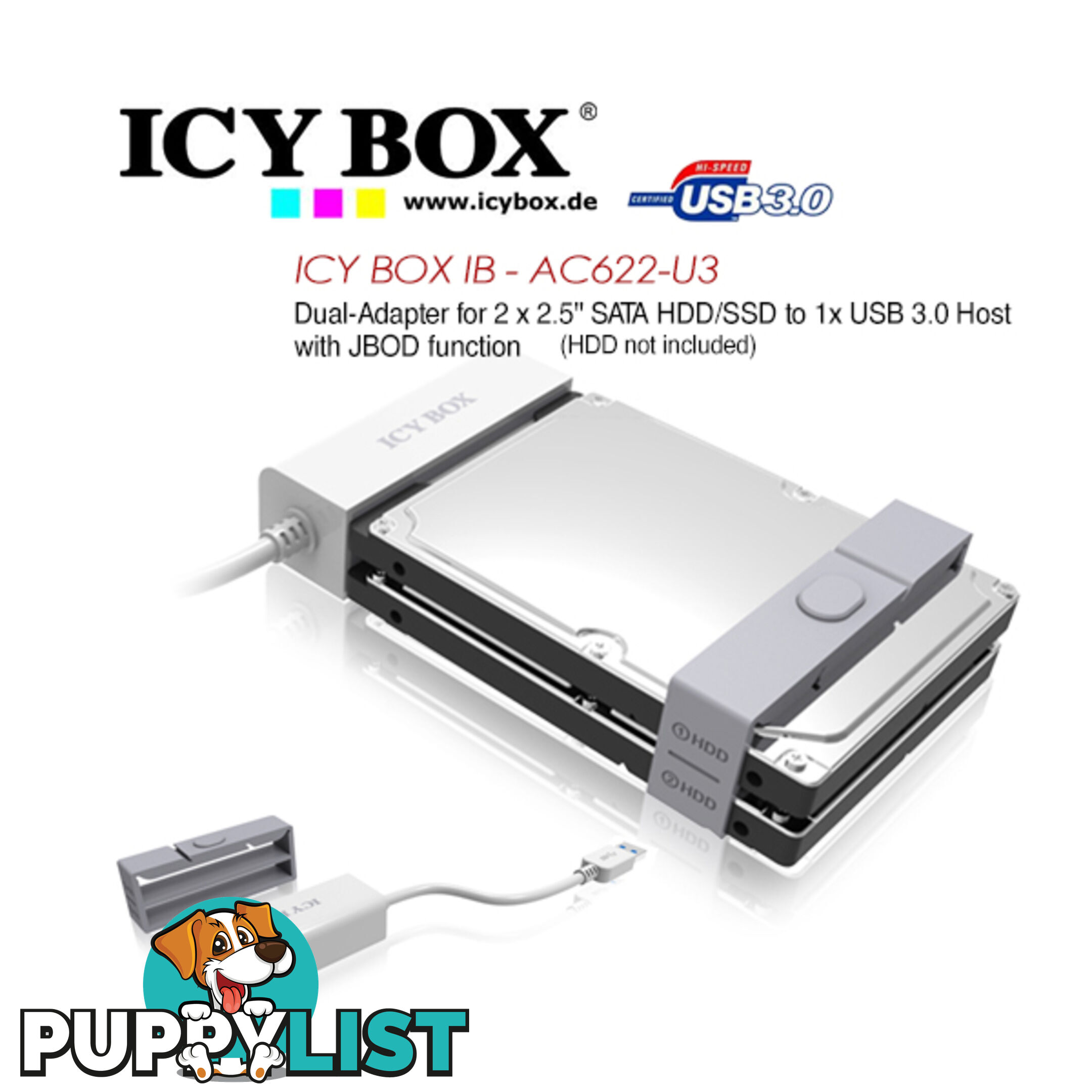 ICY BOX (IB-AC622-U3)Dual-Adapter 2.5" SATA HDD/SSD USB 3.0 Host JBOD Function