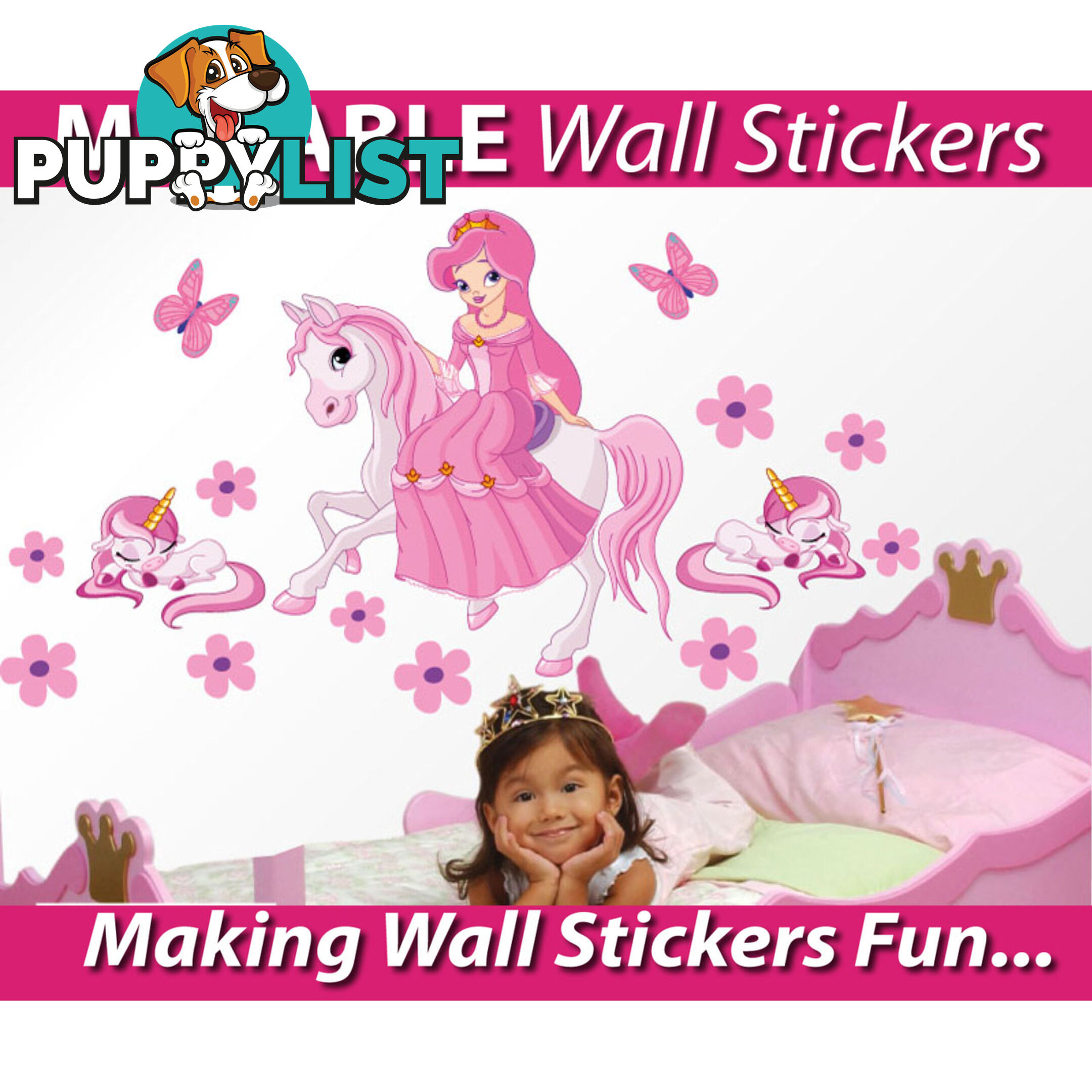 Medium Size Princess on a horse with unicorns Wall Sticker - Totally Movable