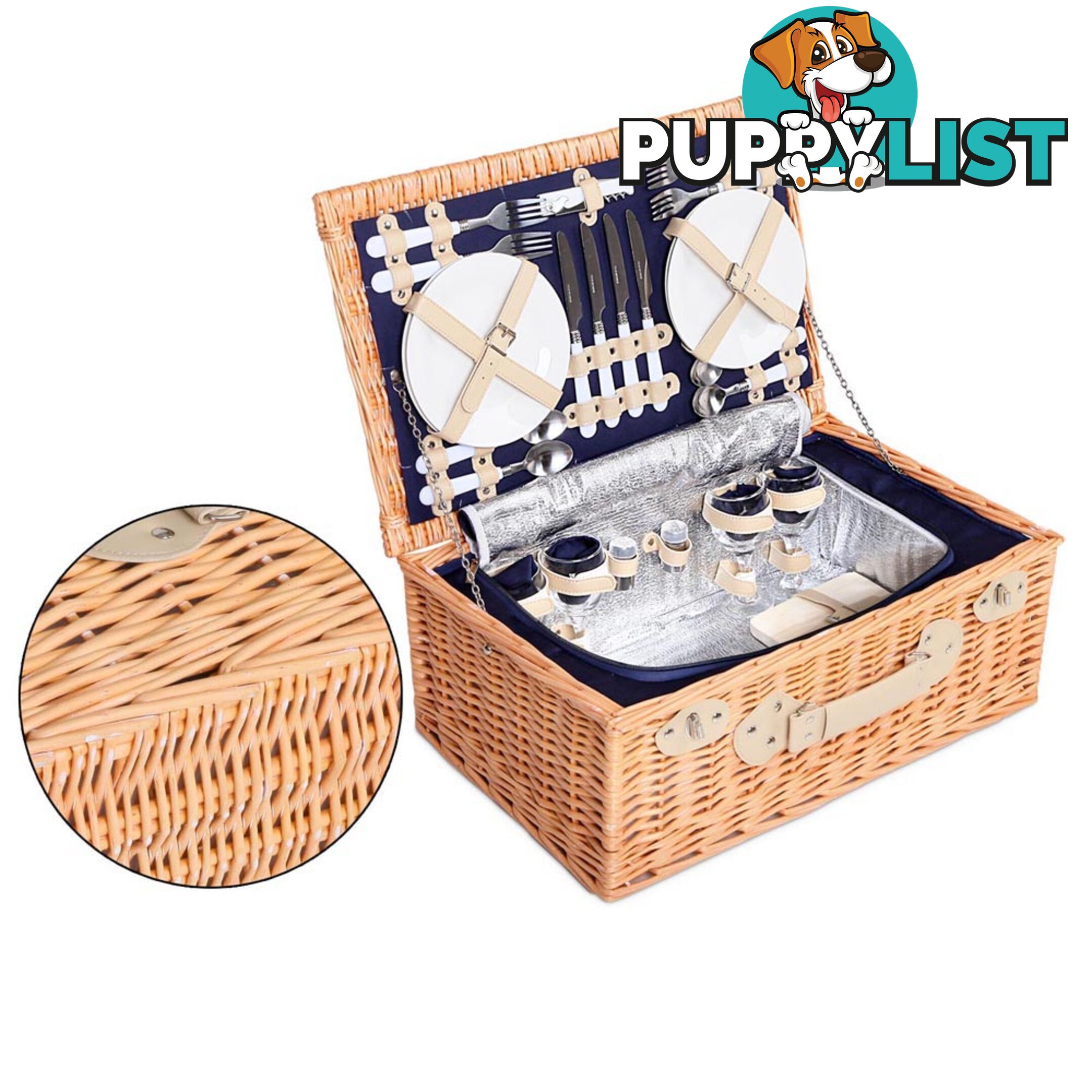 4 Person Picnic Basket Set with Cooler Bag Blanket - Navy