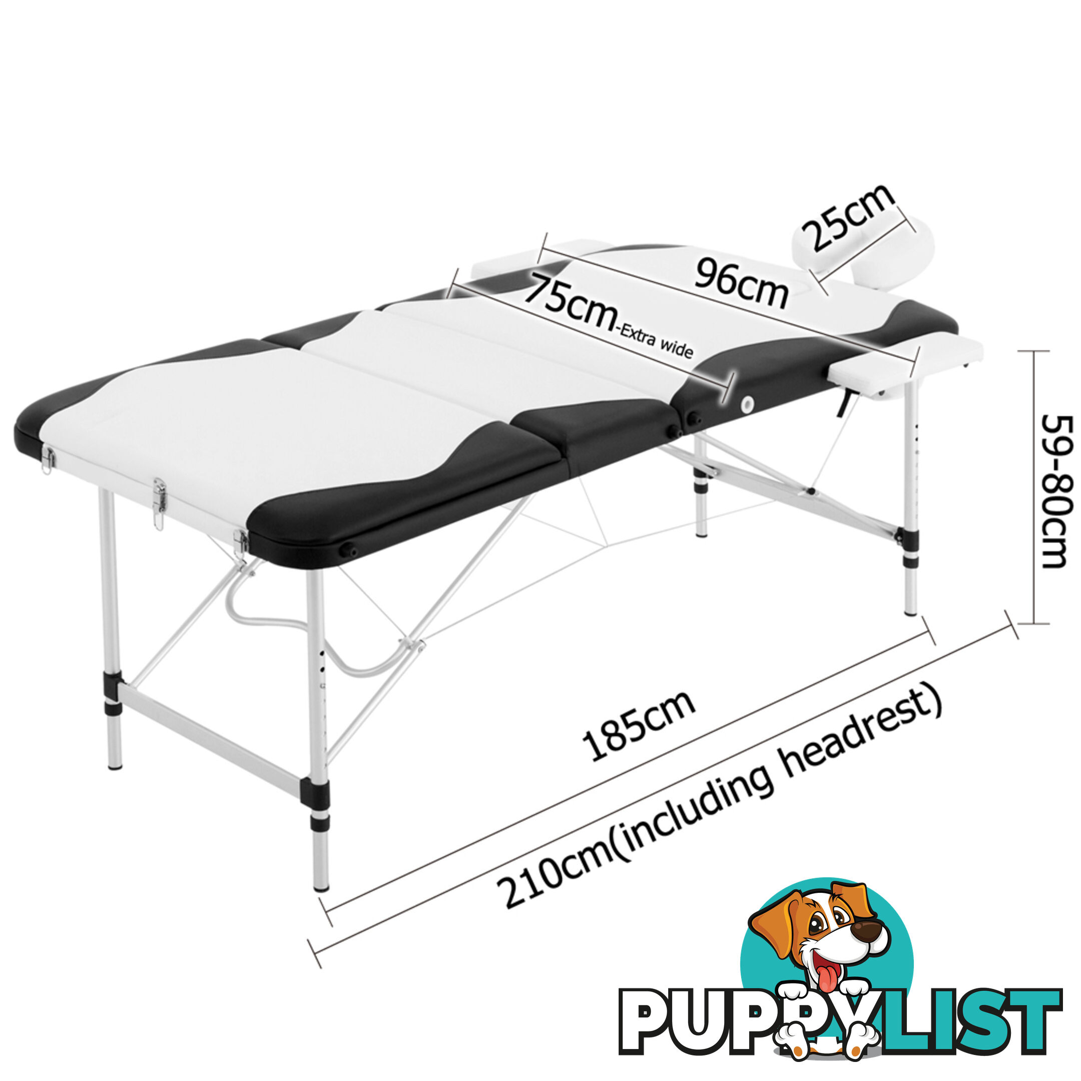 Portable Aluminium 3 Fold Massage Table Chair Bed Black White 75cm