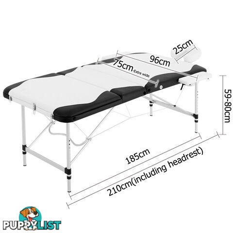 Portable Aluminium 3 Fold Massage Table Chair Bed Black White 75cm