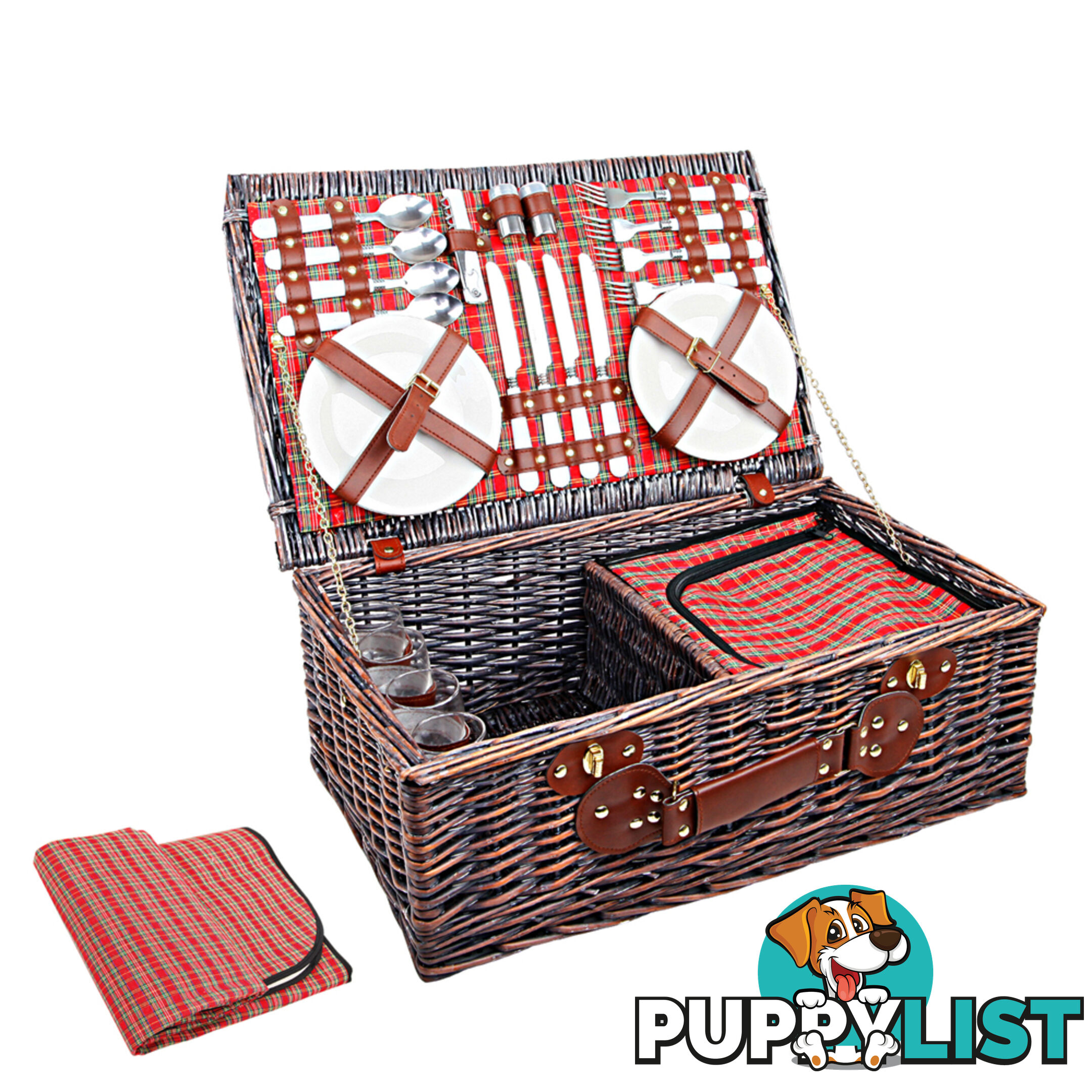 4 Person Picnic Basket Set w/ Cooler Bag Blanket