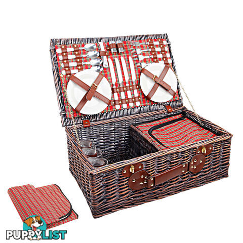 4 Person Picnic Basket Set w/ Cooler Bag Blanket