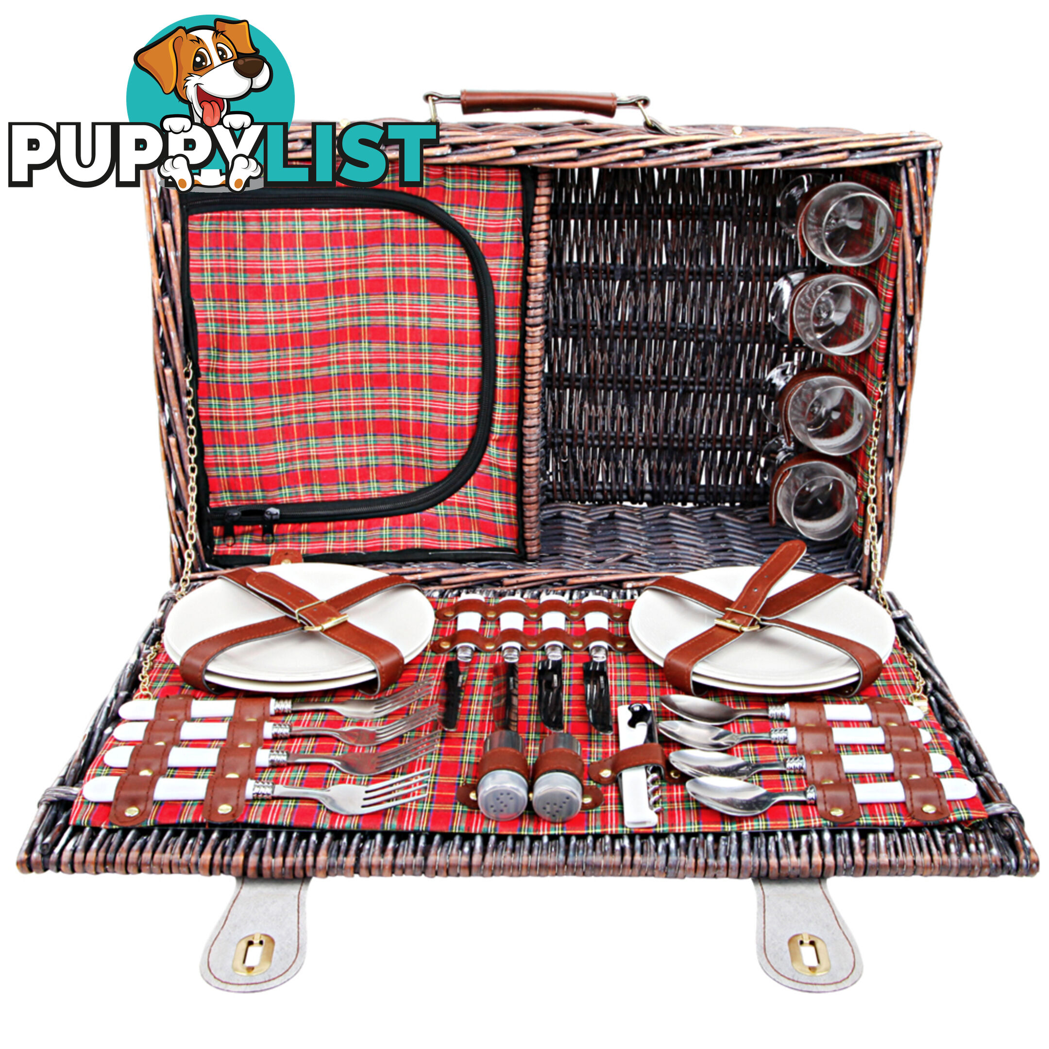 4 Person Picnic Basket Set w/ Cooler Bag Blanket