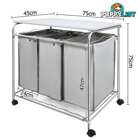 3 Compartment Laundry Cart Basket Trolley w/ Iron Board