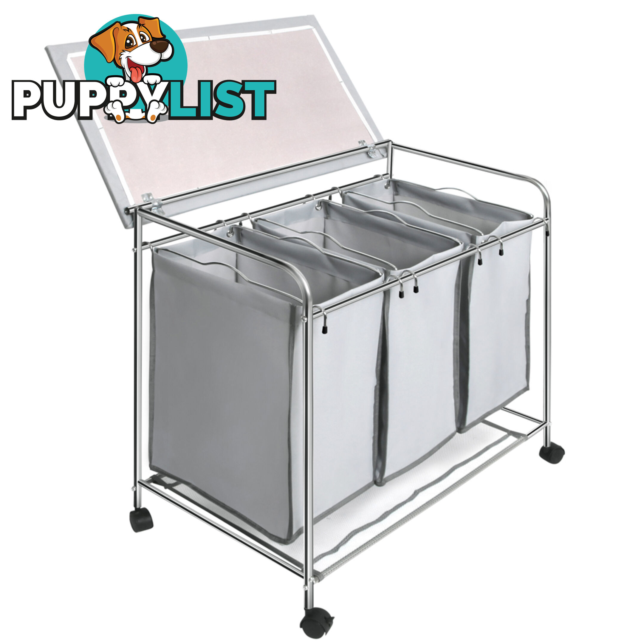 3 Compartment Laundry Cart Basket Trolley w/ Iron Board