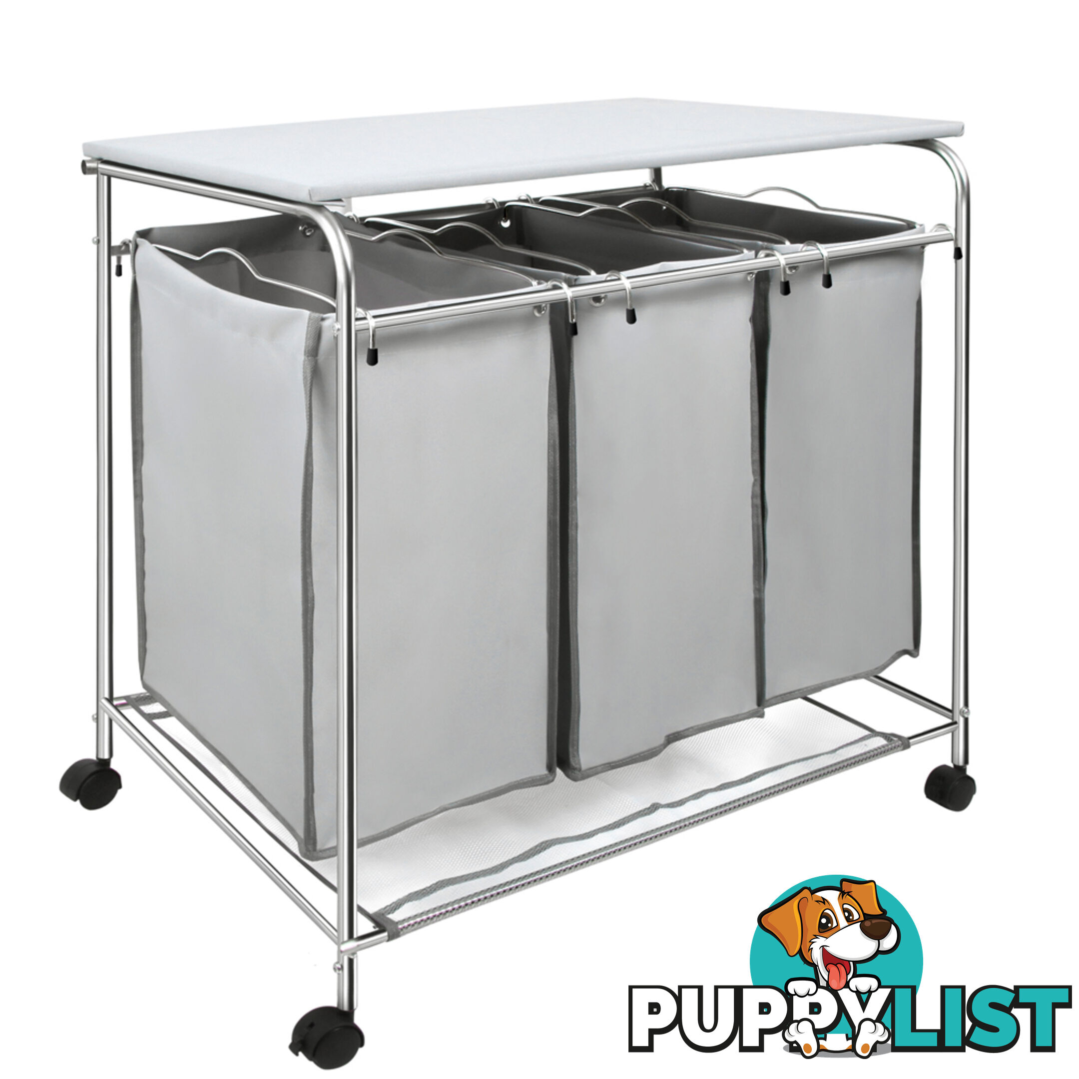 3 Compartment Laundry Cart Basket Trolley w/ Iron Board