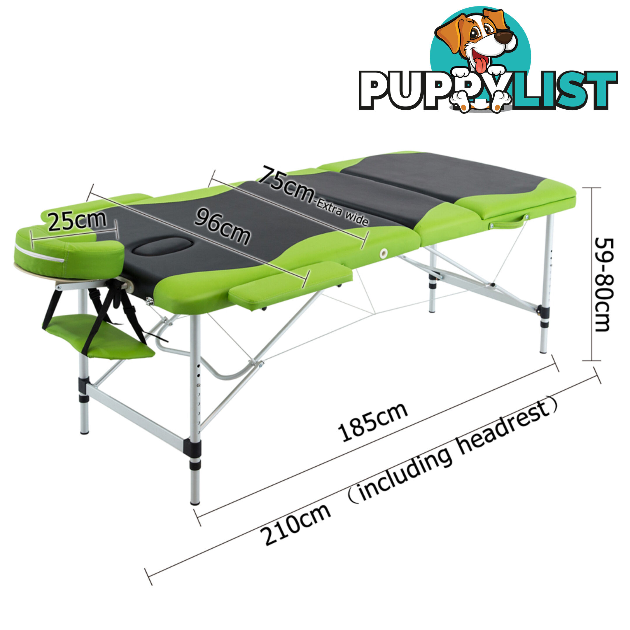 Aluminium Massage Table 3 Fold Green Black