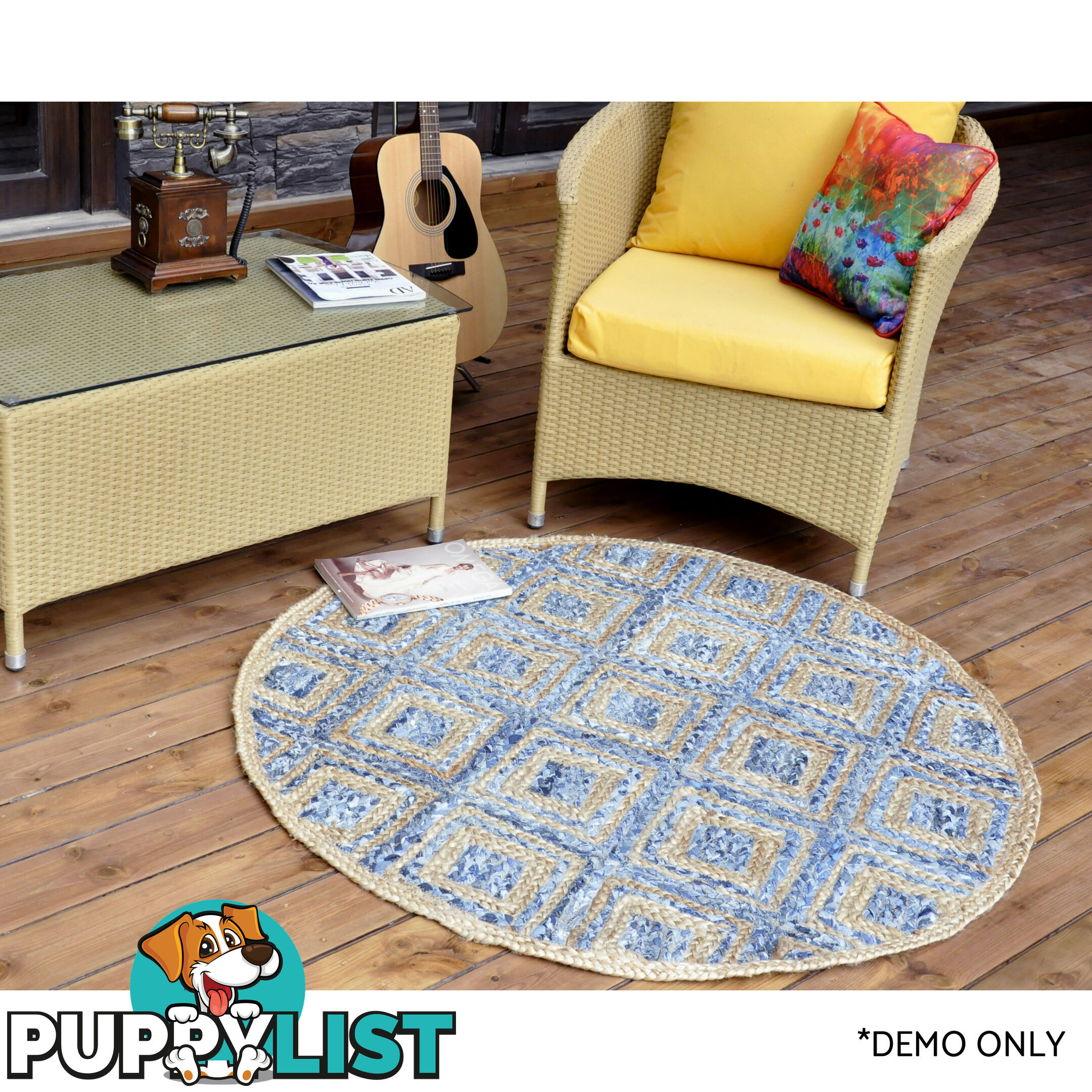 Diamond Denim Rug Natural & Denim Blue 120x120cm