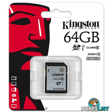 KINGSTON 64GB SDXC Class10 UHS-I 80MB/s Read Flash Card  Retail   (SD10VG2/64GBFR)