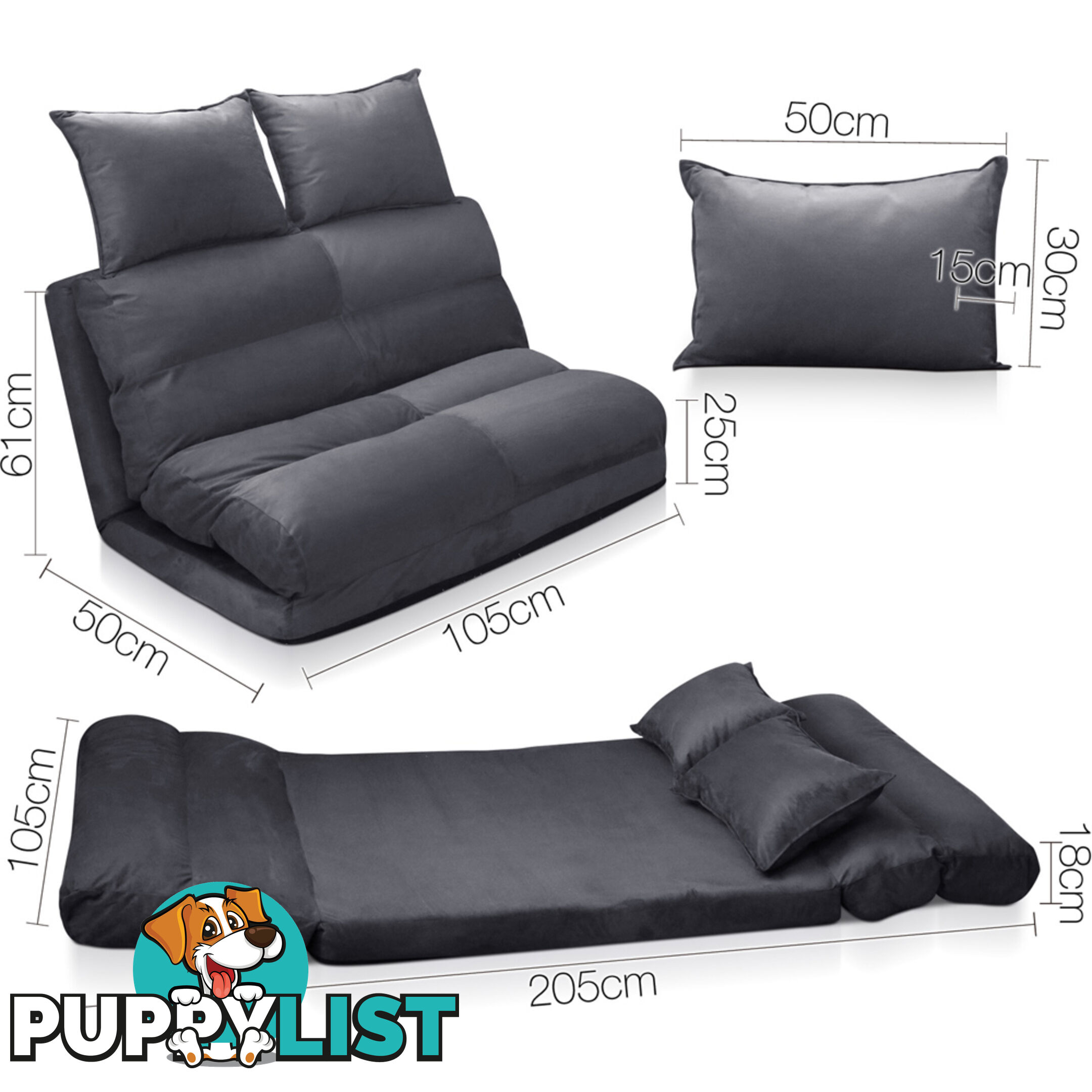 Double Size Adjustable Lounge Sofa - 5 positions Charcoal