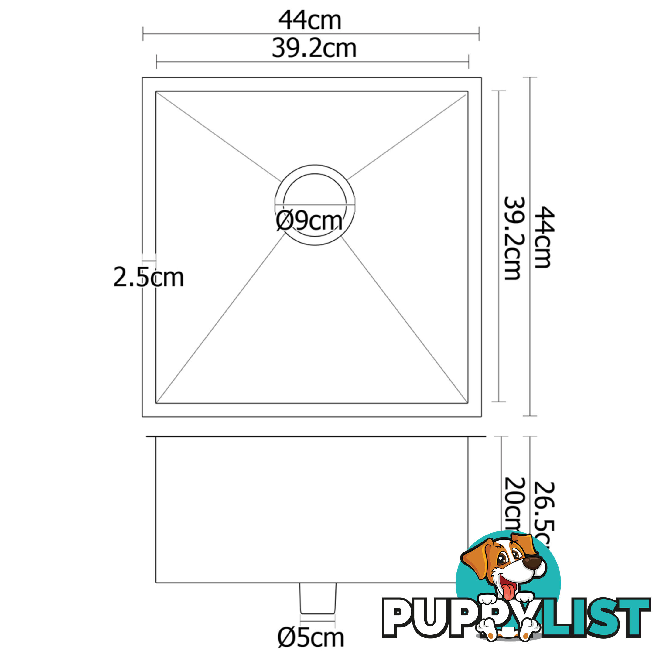 Stainless Steel Kitchen/Laundry Sink w/ Strainer Waste 440 x 440 mm