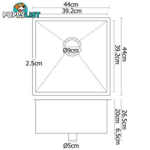 Stainless Steel Kitchen/Laundry Sink w/ Strainer Waste 440 x 440 mm