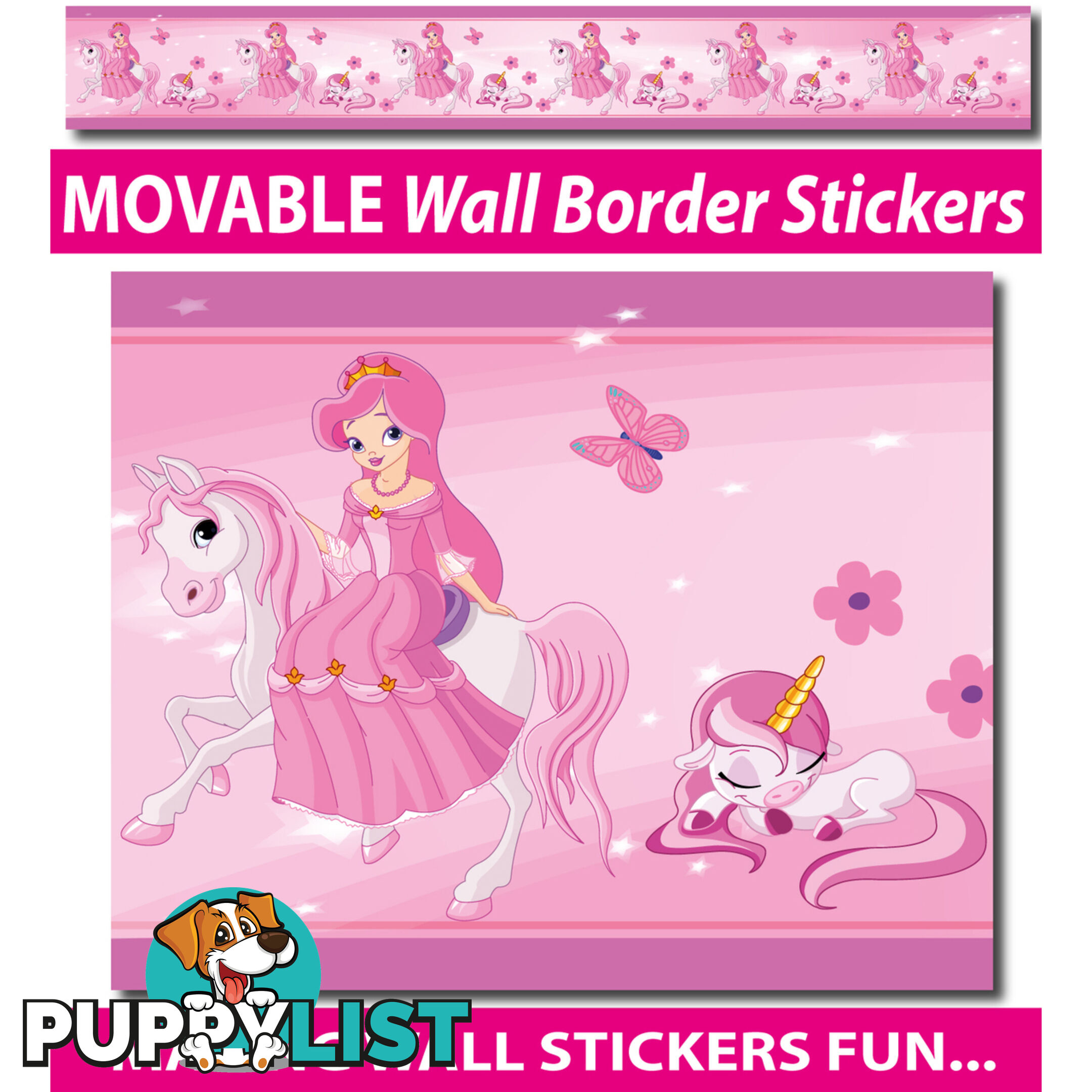 Princess and Unicorns Wall Border Stickers - Totally Movable