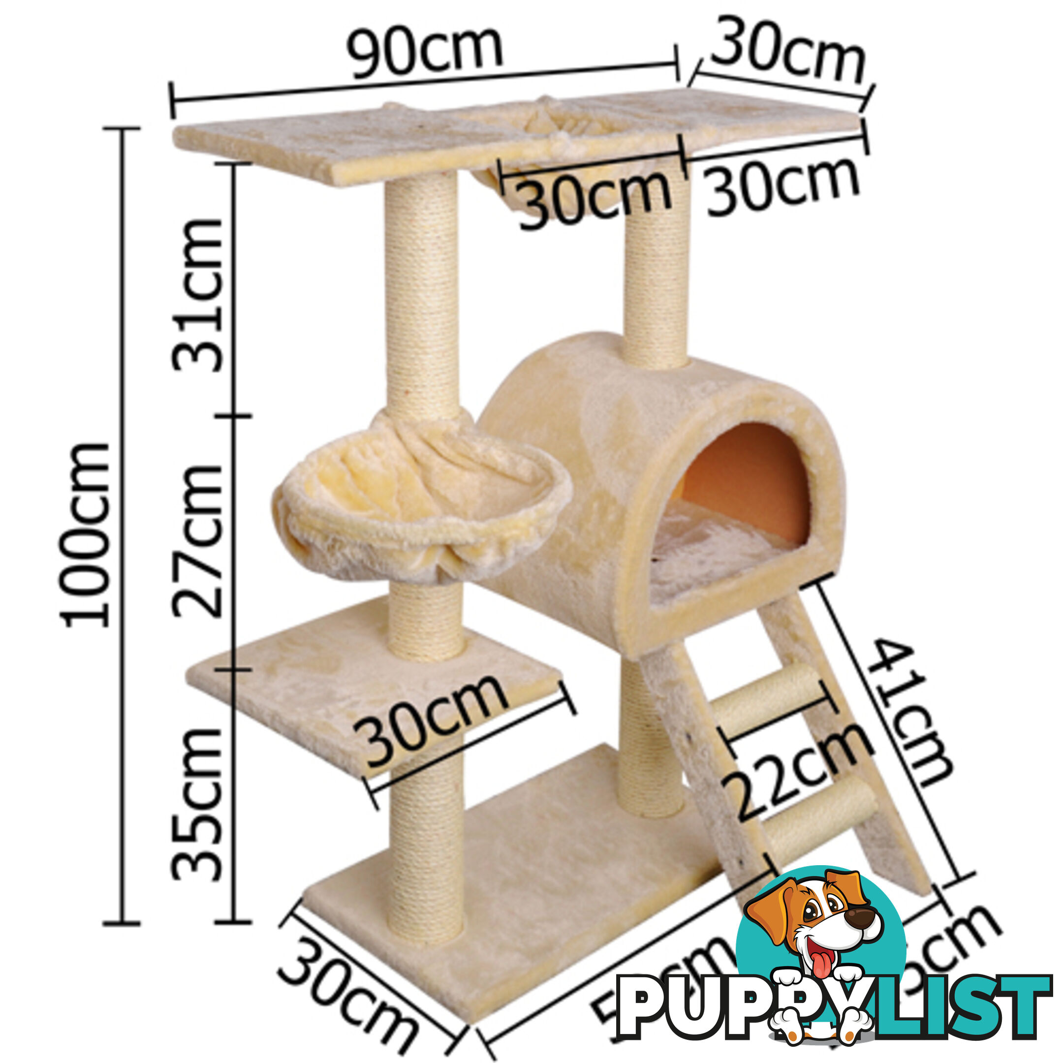 Multi Level Cat Scratching Poles Tree w/ Ladder Beige