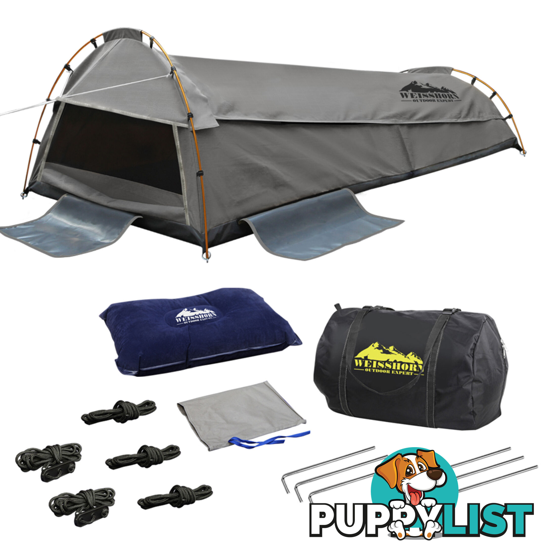 King Single Camping Canvas Swag Tent Grey with Air Pillow