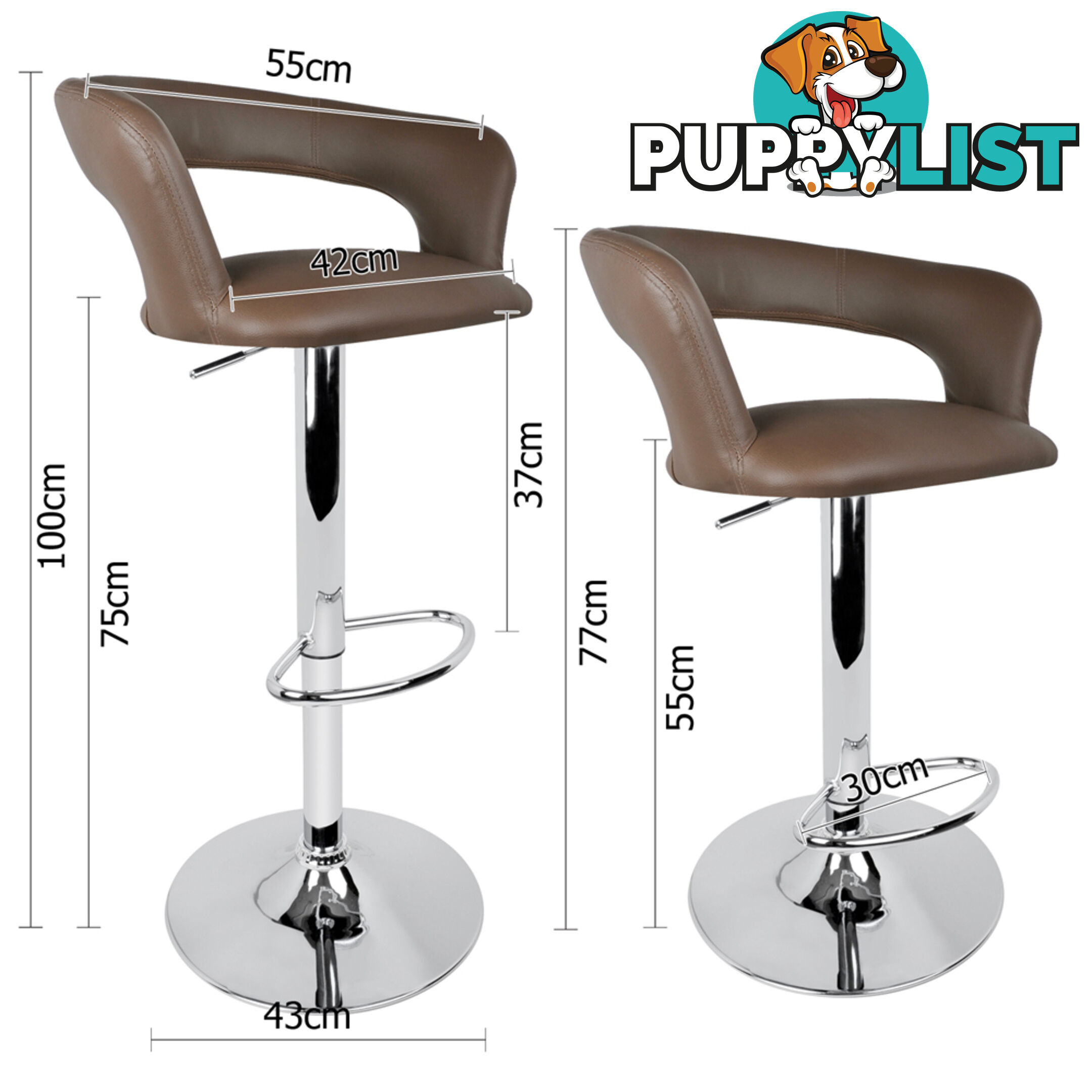 Set of 2 PU Leather Kitchen Bar Stool Taupe