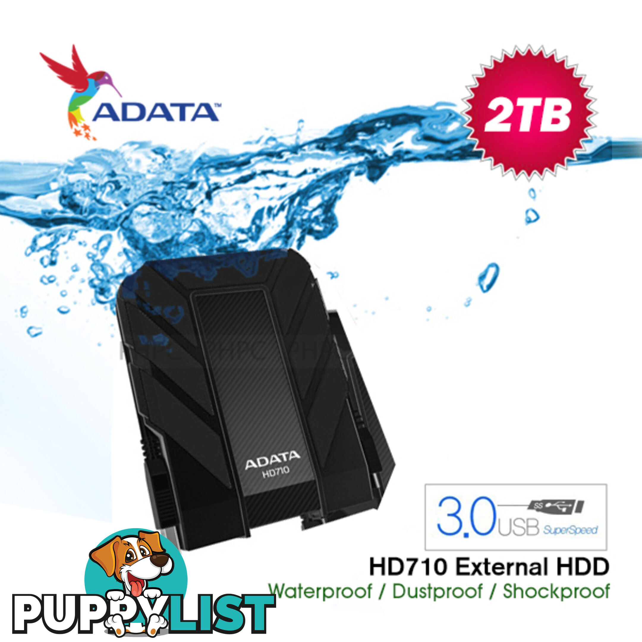 AHD710-2TU3-CBK ADATA HD710 Waterproof/Dustproof/Shock-Resistant 2TB USB 3.0 External Hard Drive- Black