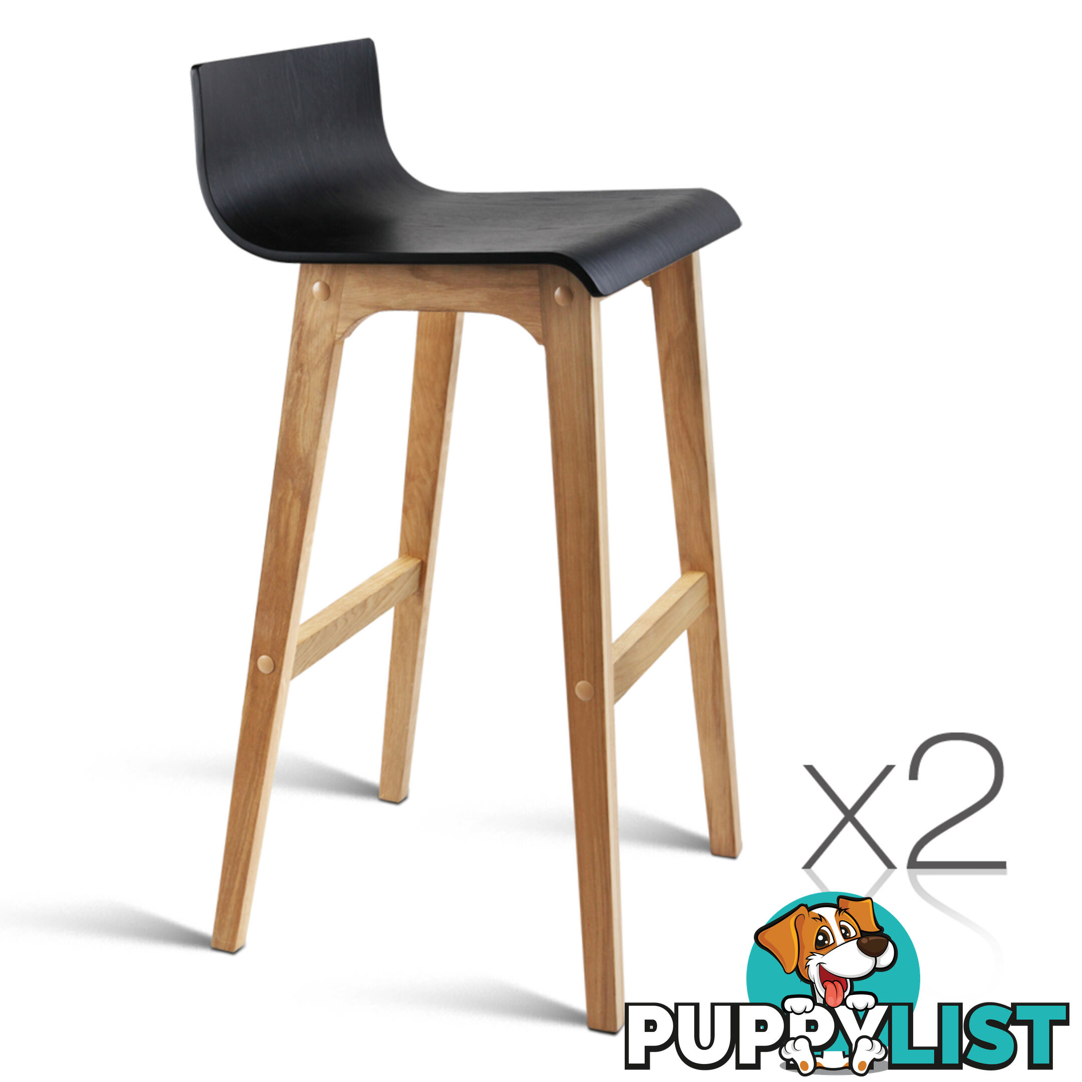 Set of 2 Oak Wood Bar Stools - Black