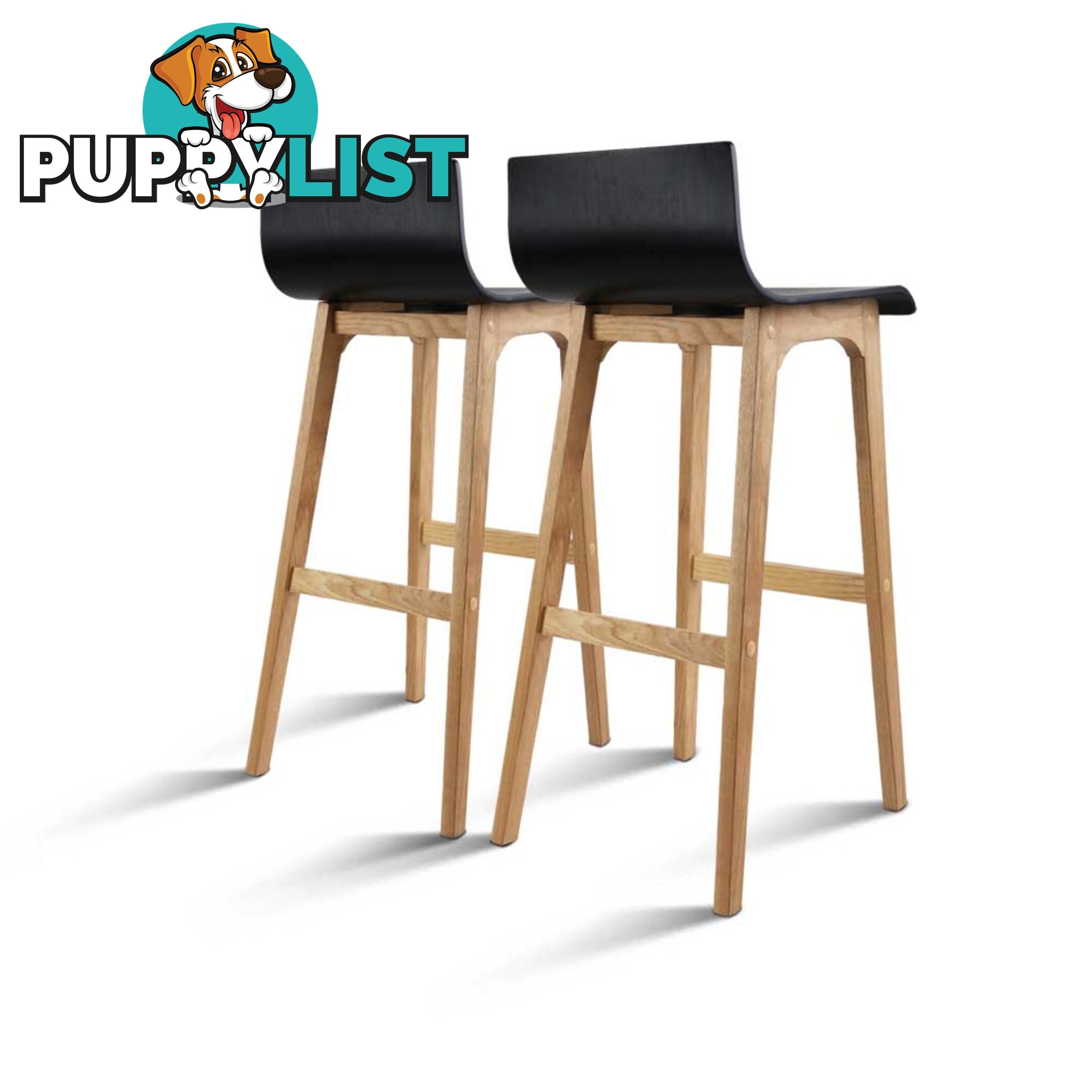 Set of 2 Oak Wood Bar Stools - Black