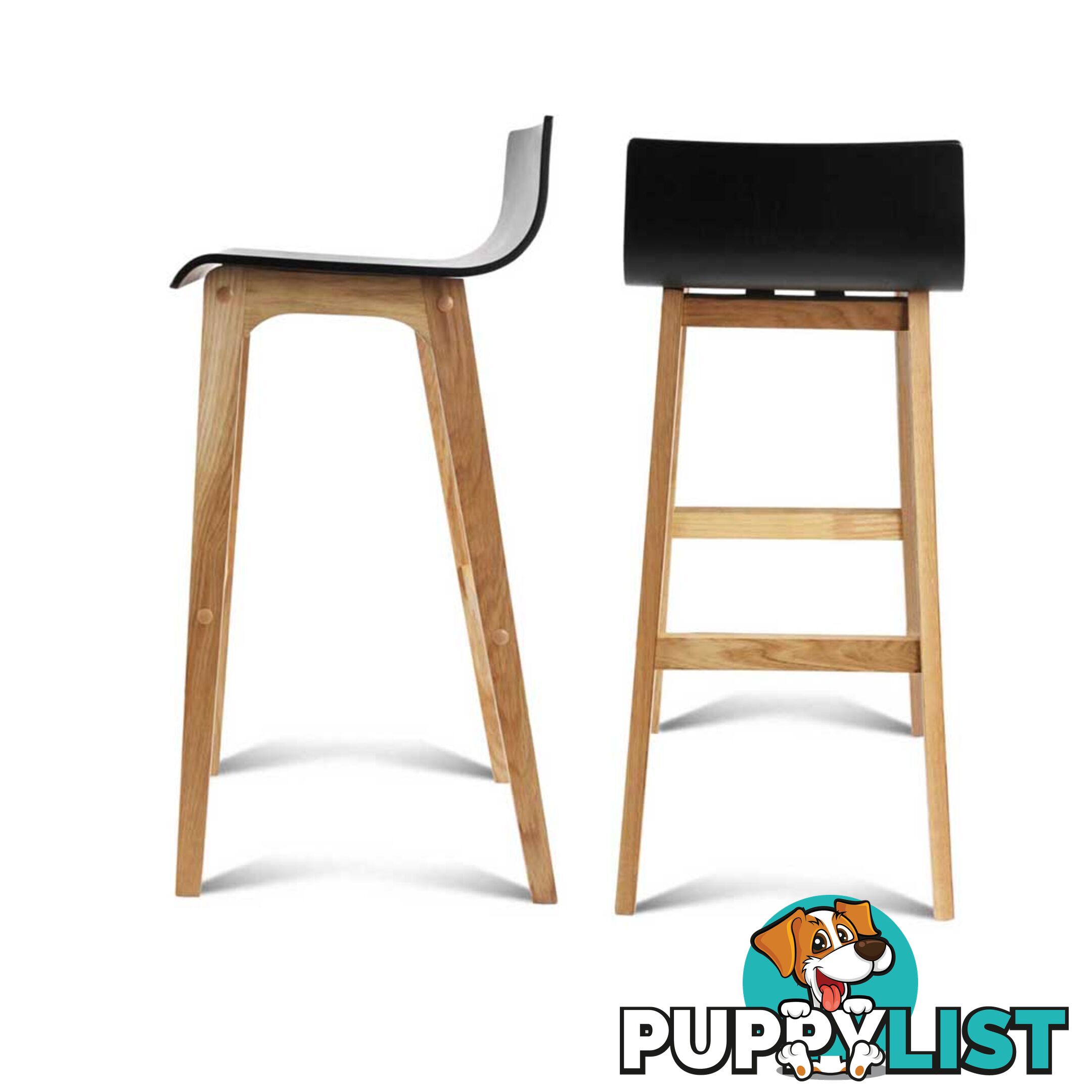 Set of 2 Oak Wood Bar Stools - Black