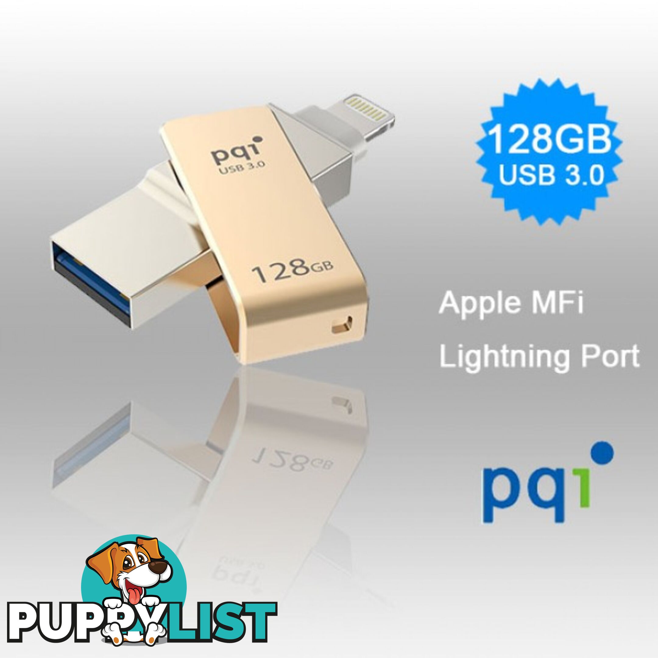 PQI iConnect Mini 6I04-128GR2001 Gold [Apple MFi] 128 GB Mobile Flash Drive w/ Lightning Connector for iPhones iPads Mac & PC USB 3.0 (6I04-128GR2001)