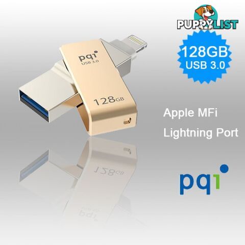 PQI iConnect Mini 6I04-128GR2001 Gold [Apple MFi] 128 GB Mobile Flash Drive w/ Lightning Connector for iPhones iPads Mac & PC USB 3.0 (6I04-128GR2001)