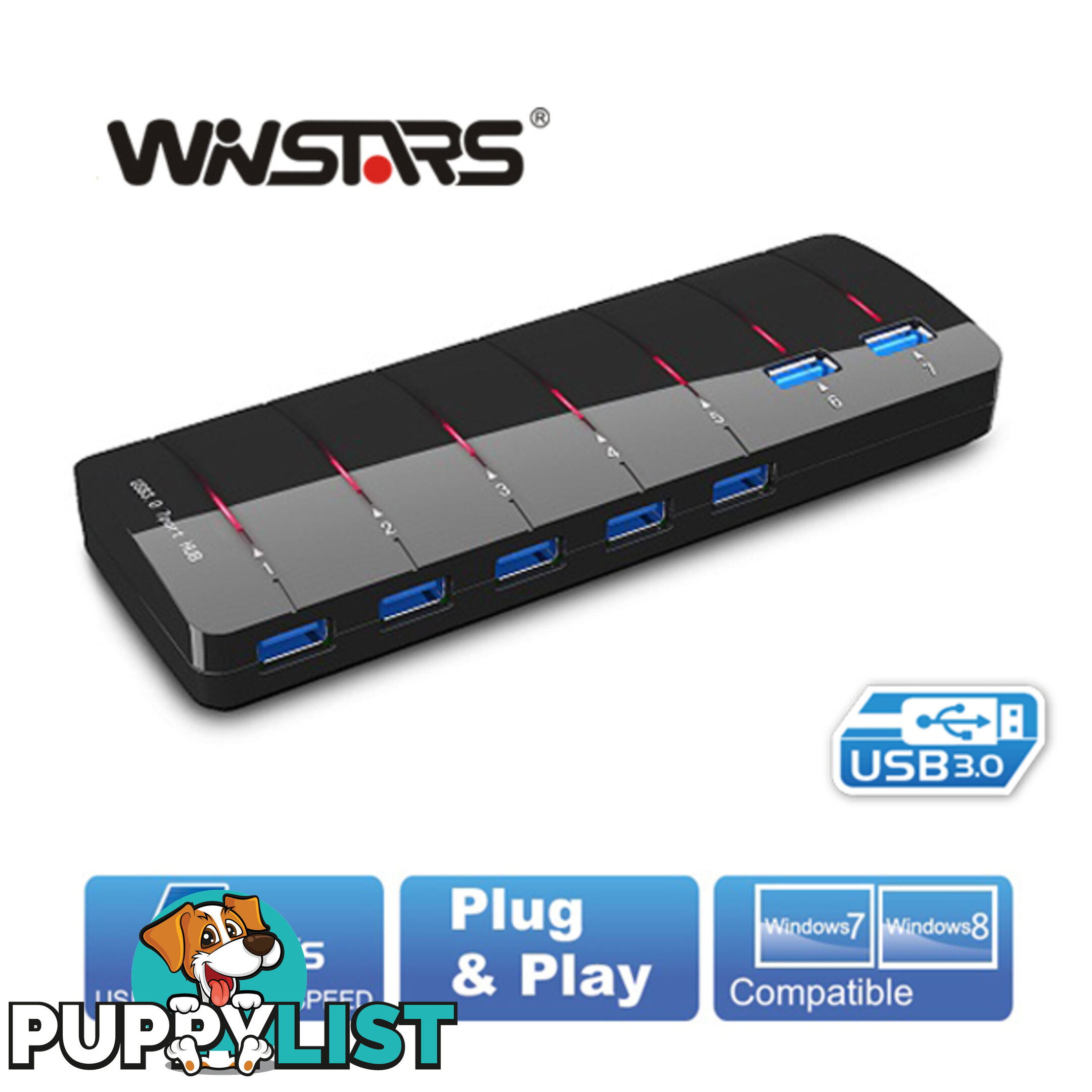 Winstars 7 Port USB 3.0 Hub with Power Adapter