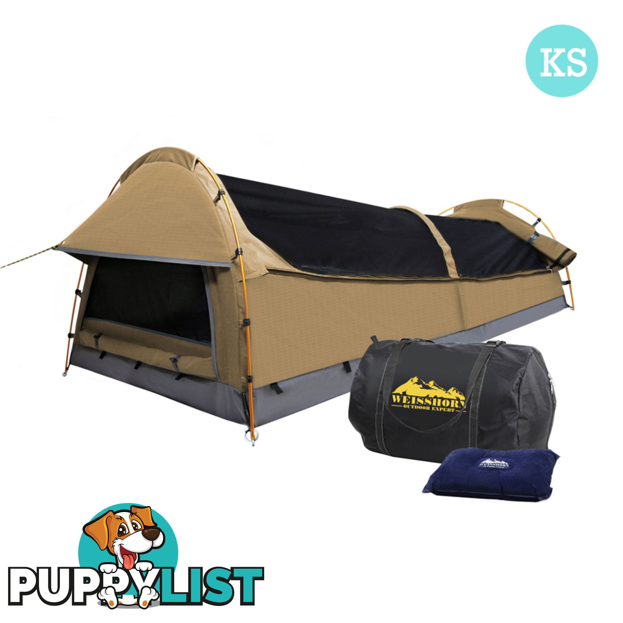 King Single Camping Canvas Swag Tent Beige with Air Pillow