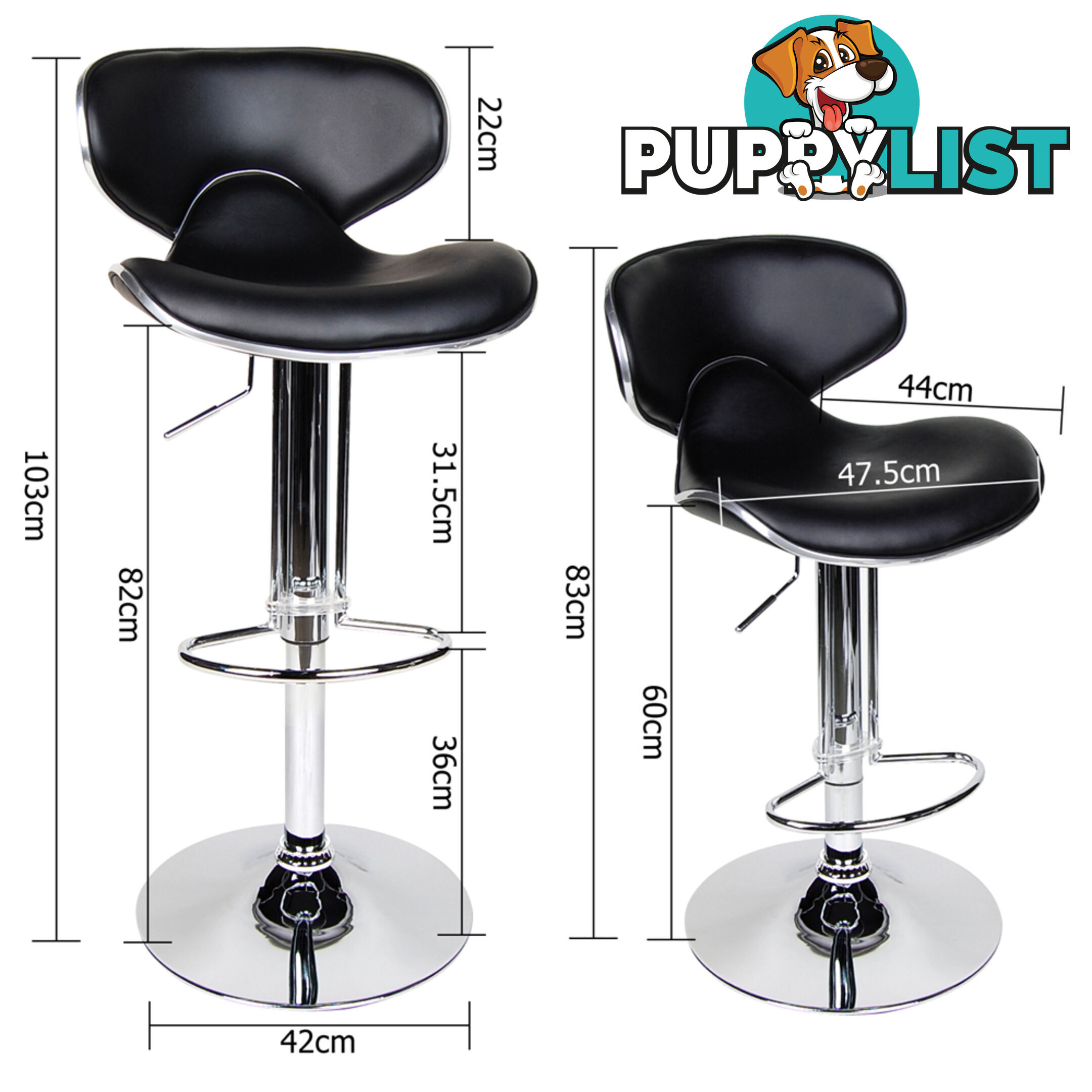 Set of 2 PU Leather Kitchen Bar Stool Black