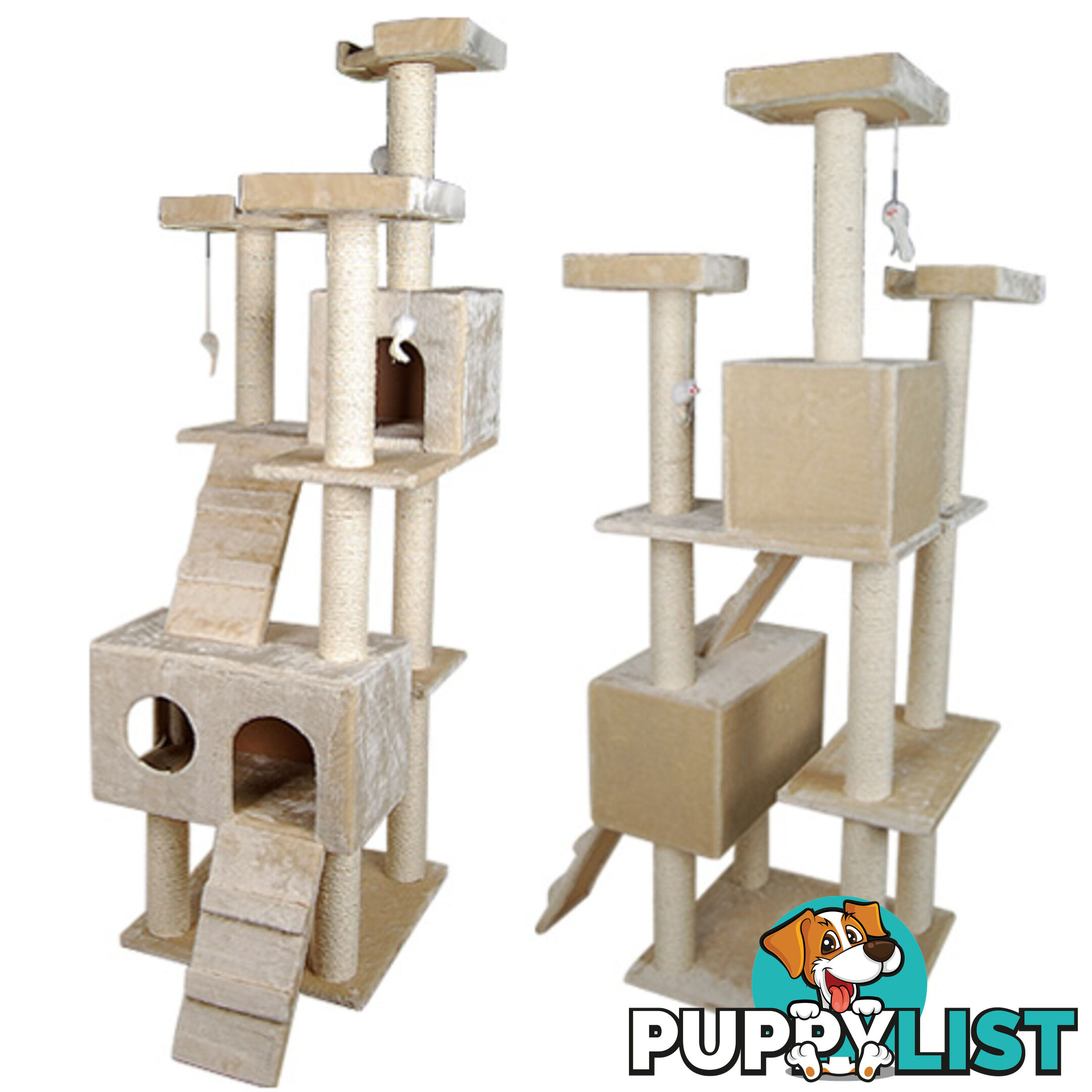 Multi Level Cat Scratching Poles Tree w/ Ladder Beige