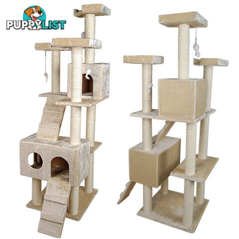 Multi Level Cat Scratching Poles Tree w/ Ladder Beige