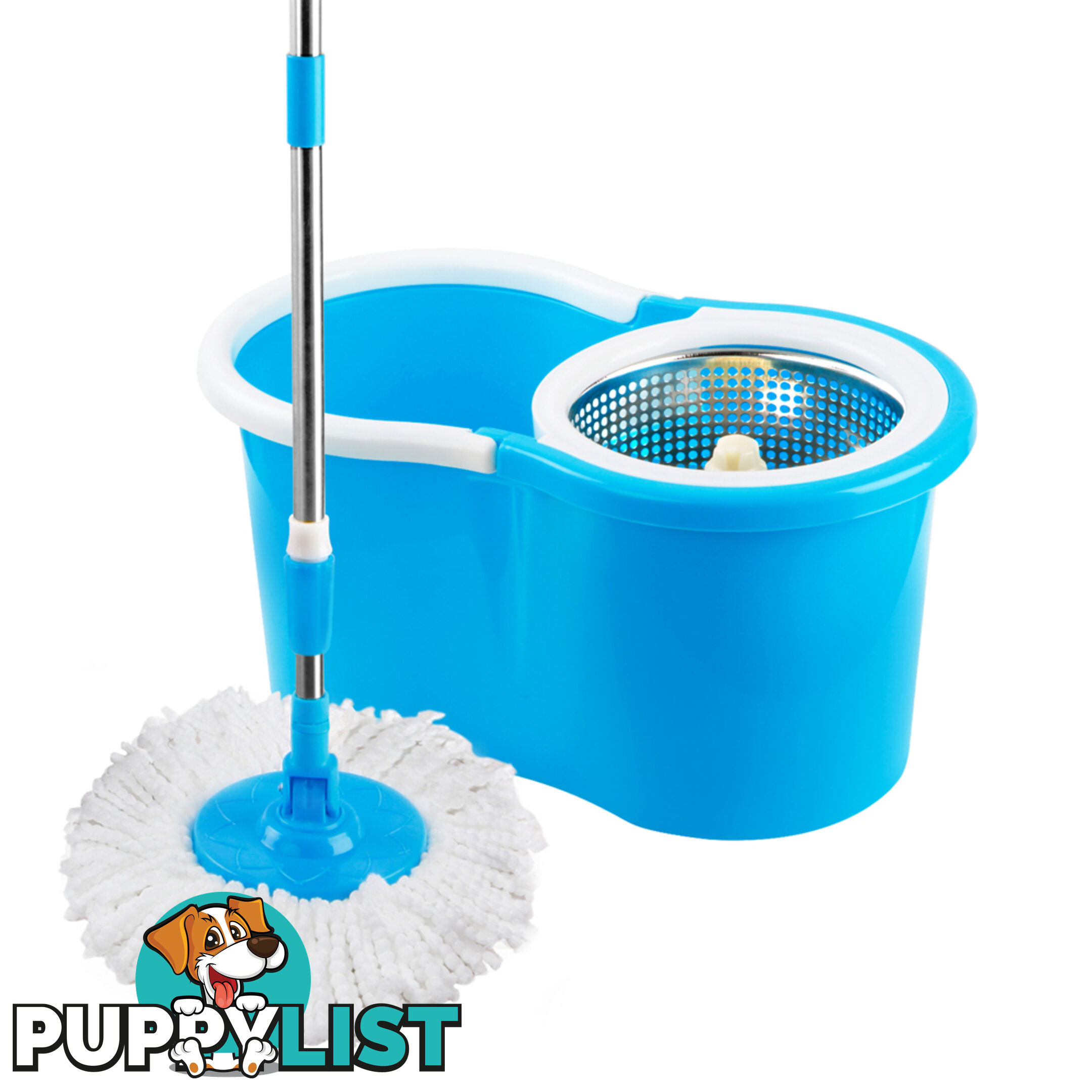 360 Degree Spinning Mop Stainless Steel Spin Dry Bucket w/ 2 Mop Heads Blue