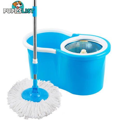 360 Degree Spinning Mop Stainless Steel Spin Dry Bucket w/ 2 Mop Heads Blue