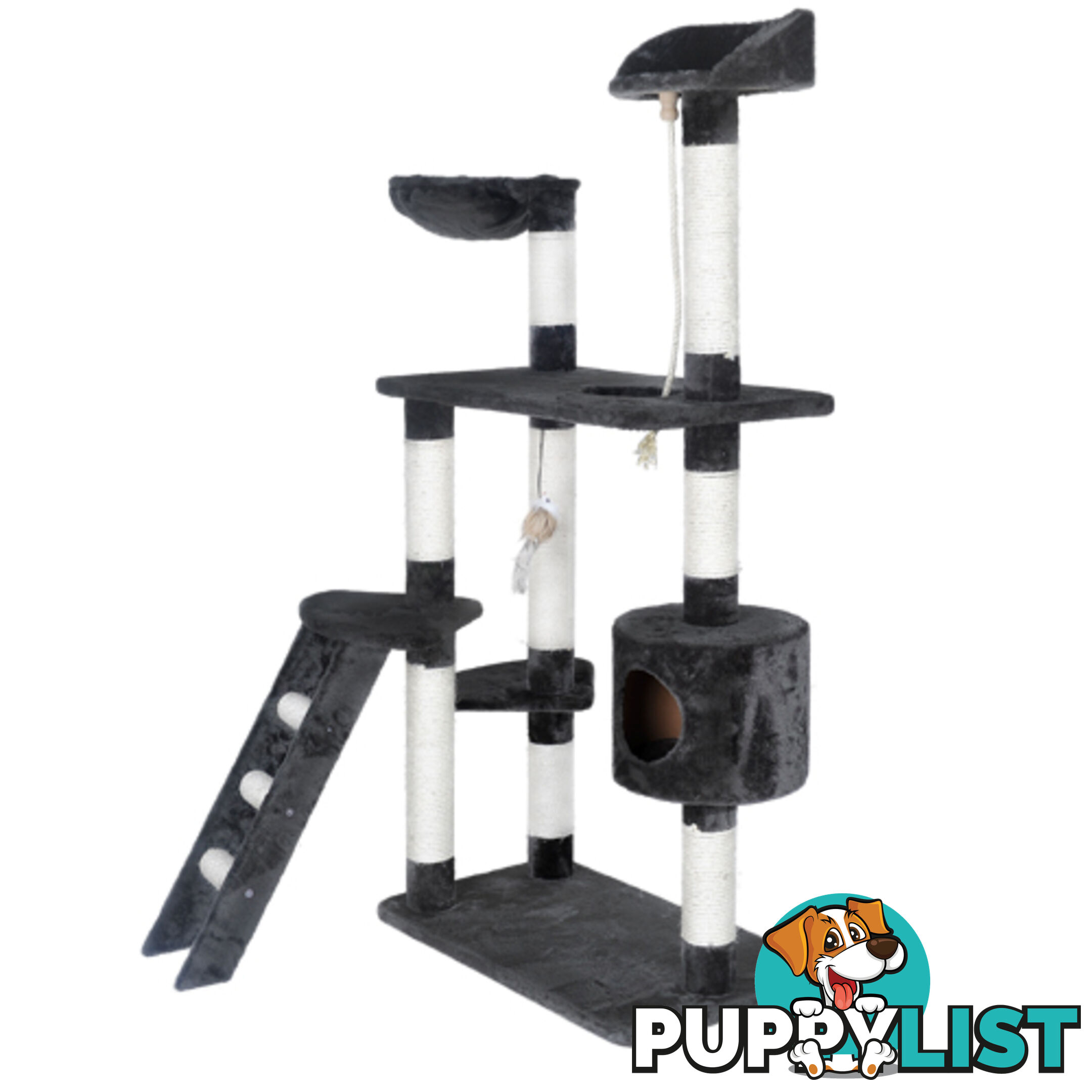 Multi Level Cat Scratching Poles Tree w/ Ladder Grey