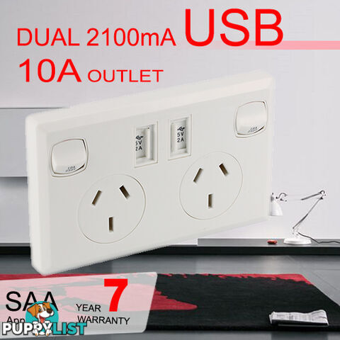 10A Double Australian USB Power Point Power Supply Wall Plug 2 Socket Switch