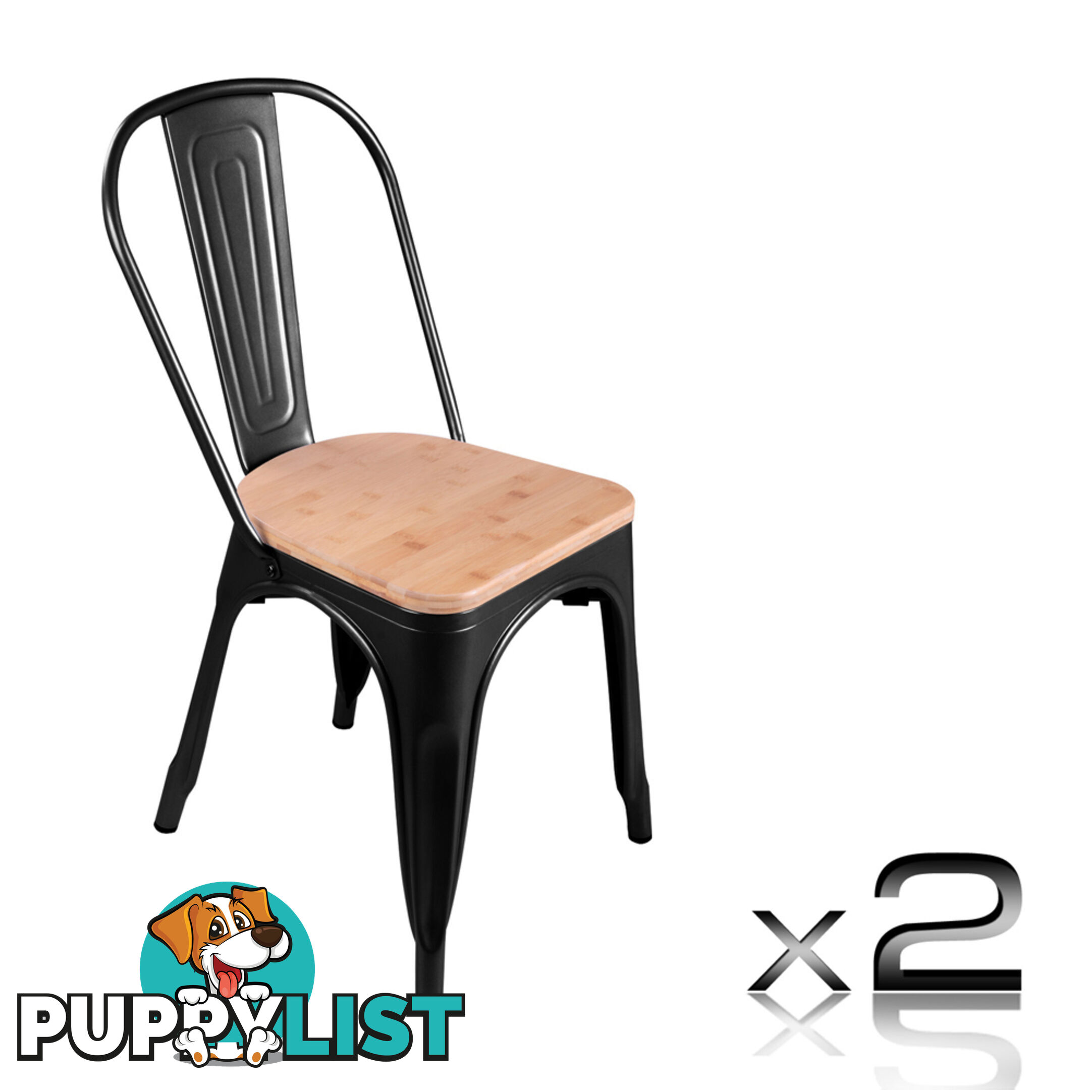 Set of 2 Replica Tolix Dining Metal Chair Bamboo Seat Gloss Black