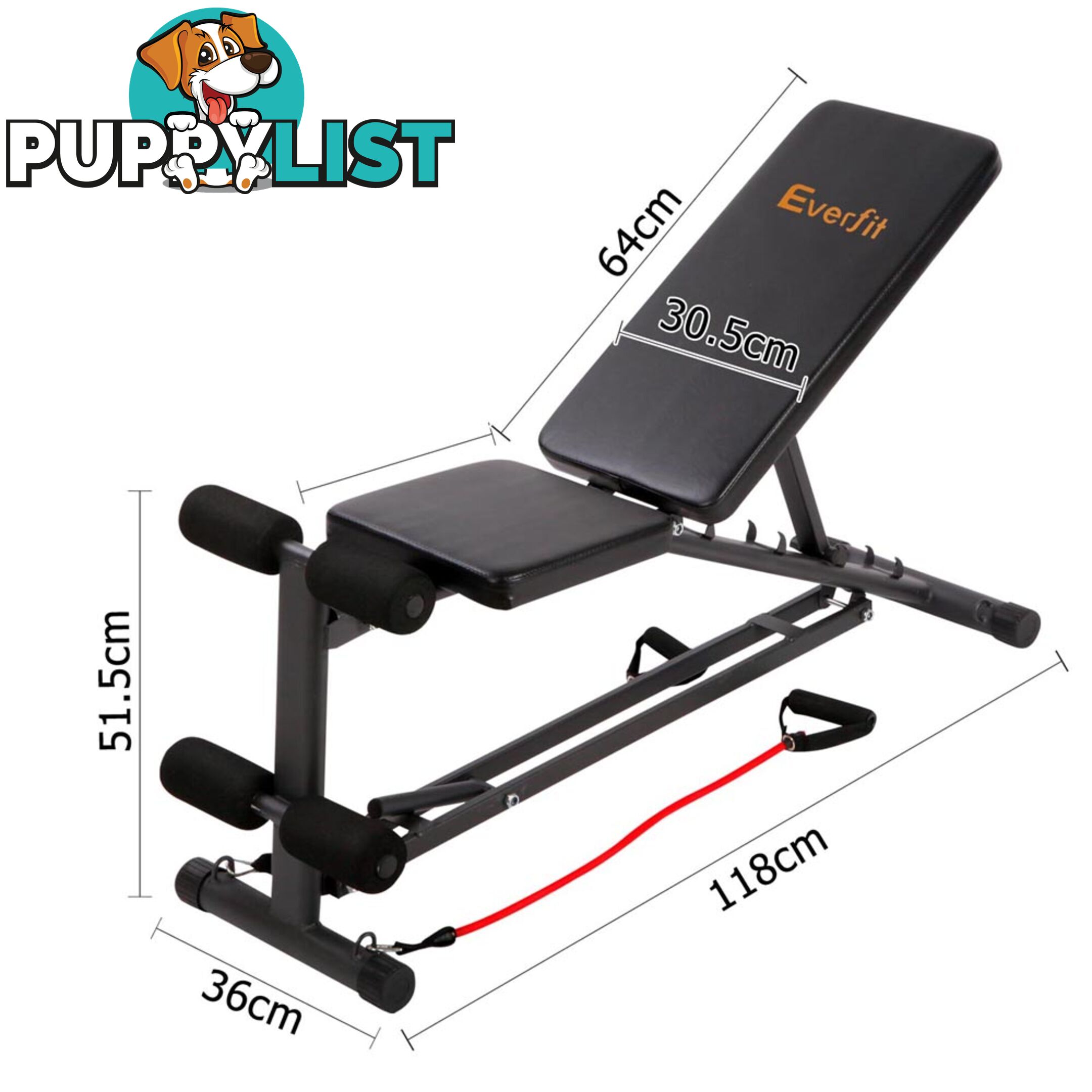 FID Flat Adjustable Bench 150Kg w/ Resistance Bands