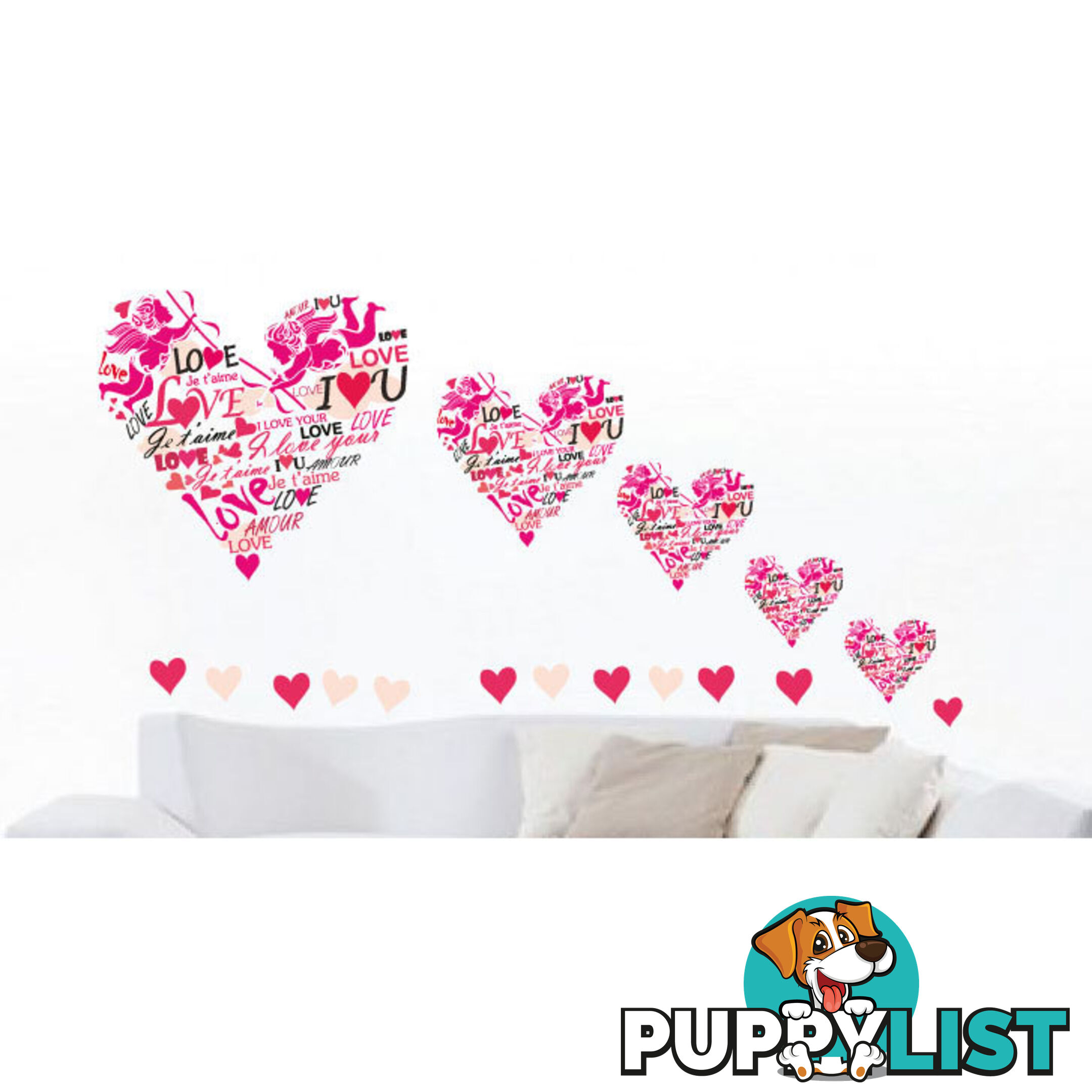 Large Size Pink Cupid Love Hearts Wall Stickers - Totally Movable