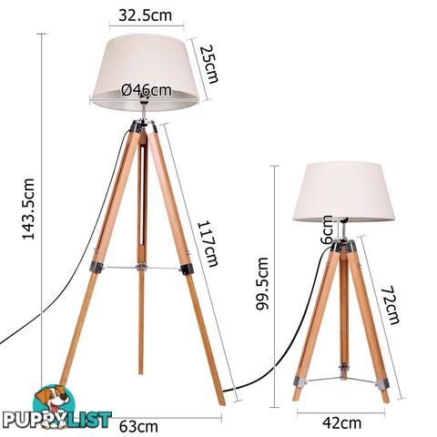 Floor Lamp Wooden Tripod Beige Linen Shade Bamboo Brown