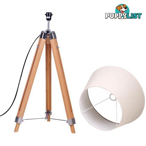 Floor Lamp Wooden Tripod Beige Linen Shade Bamboo Brown