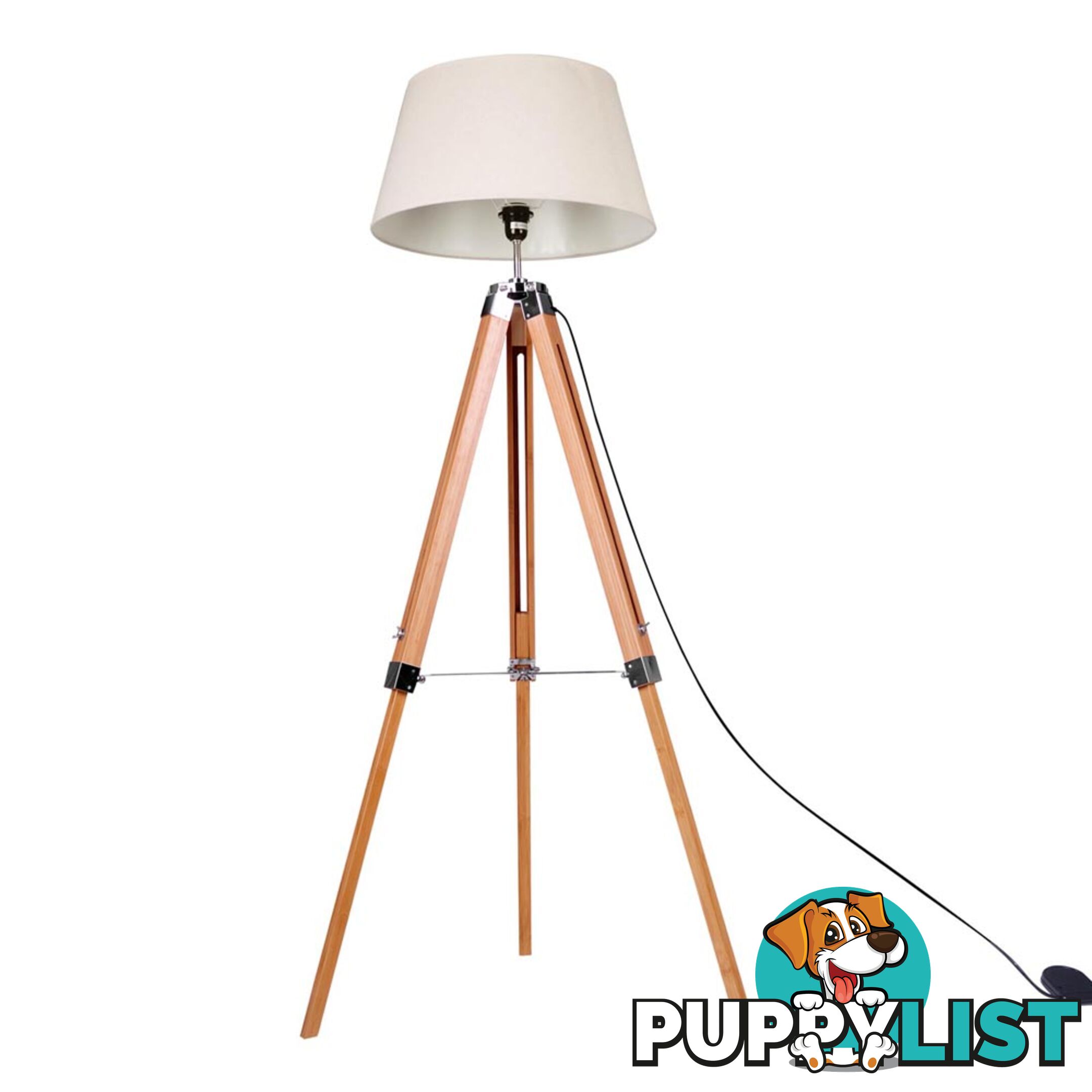 Floor Lamp Wooden Tripod Beige Linen Shade Bamboo Brown