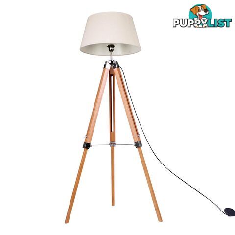 Floor Lamp Wooden Tripod Beige Linen Shade Bamboo Brown