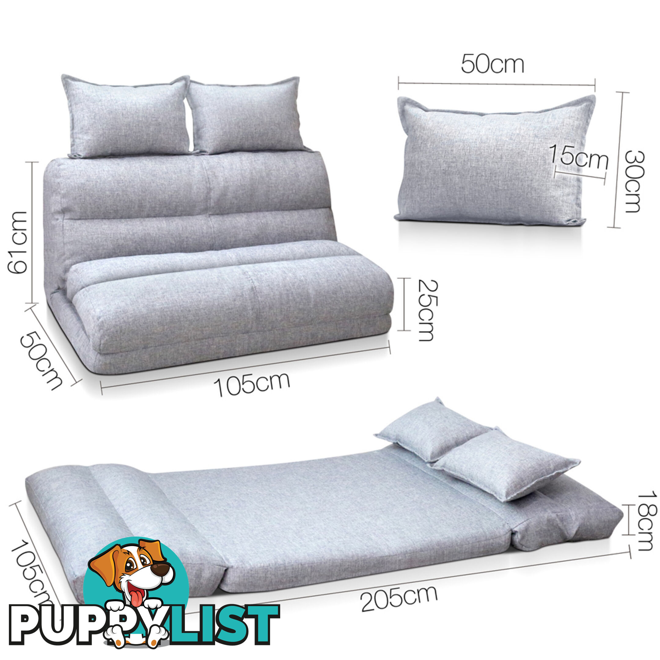 Double Size Adjustable Lounge Sofa - 5 positions Grey