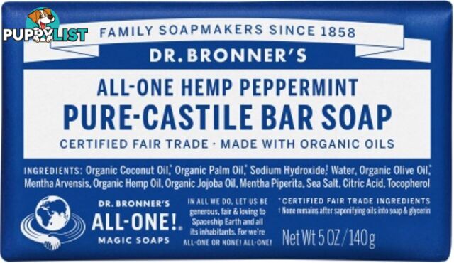 Dr Bronner's Pure Castile Bar Soap Peppermint 140g - Dr Bronner's - 018787785058