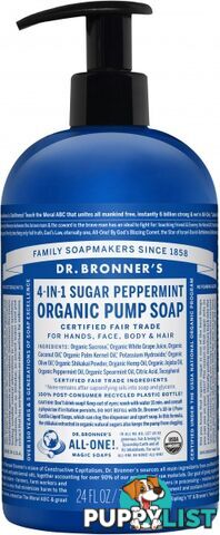 Dr Bronner's Organic Pump Soap Peppermint 710ml - Dr Bronner's - 018787960028