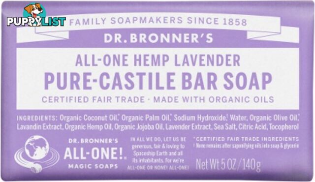 Dr Bronner's Pure Castile Bar Soap Lavender 140g - Dr Bronner's - 018787784051