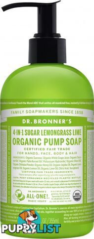 Dr Bronner's Organic Pump Soap Lemongrass Lime 355ml - Dr Bronner's - 018787950050